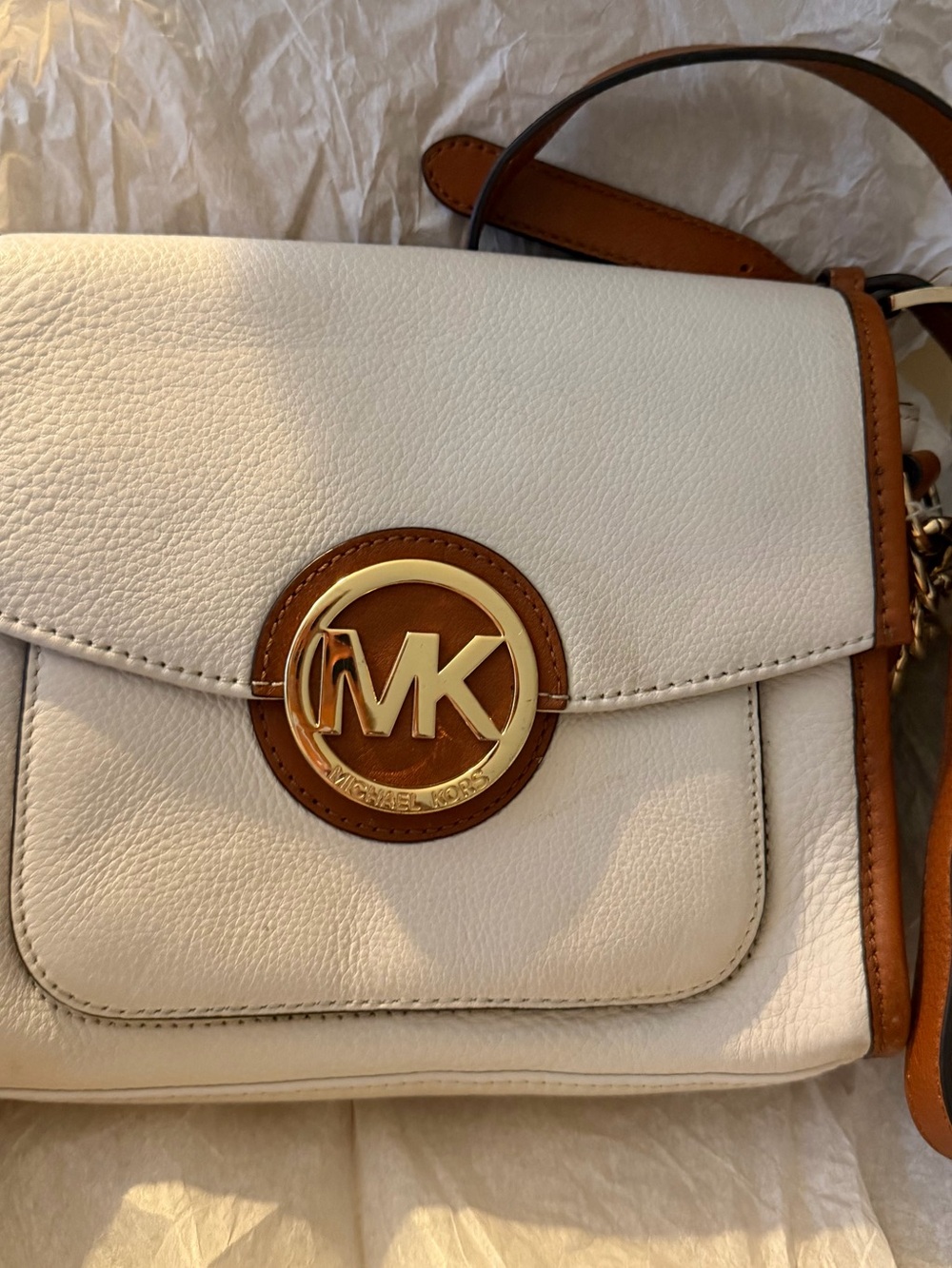 Michael Kors White and Brown Leather MK Logo Crossbody